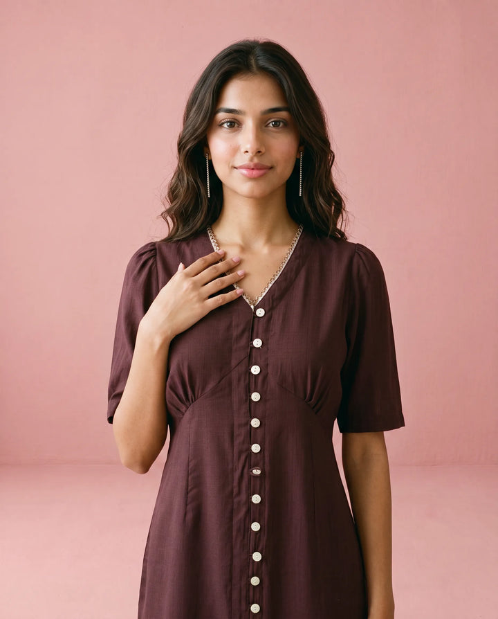 Wine Solid Viscose Blended Midi Dress