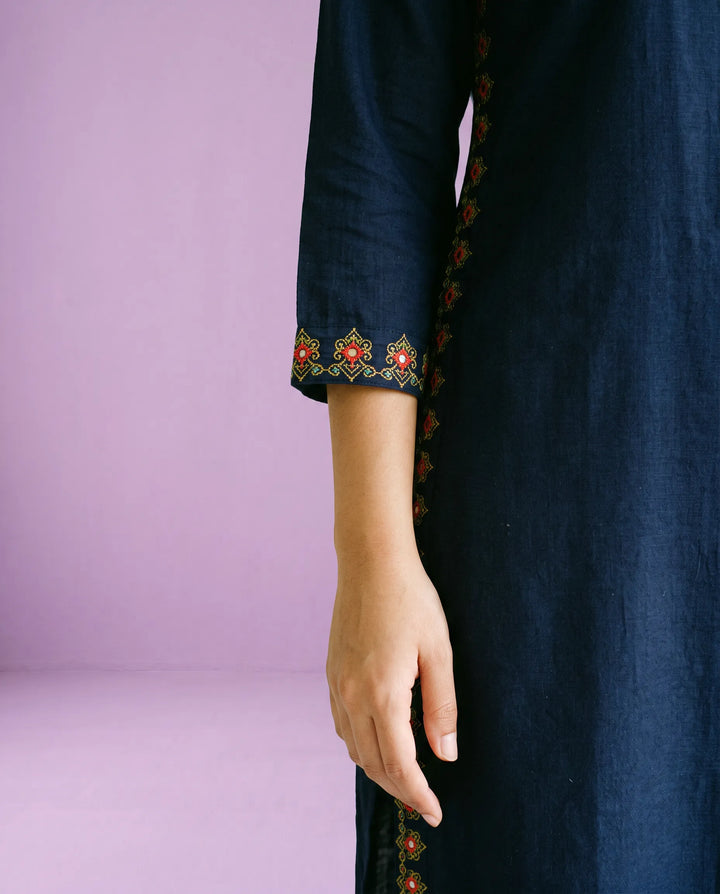 Navy Embroidered Rayon Straight cut Long Kurta