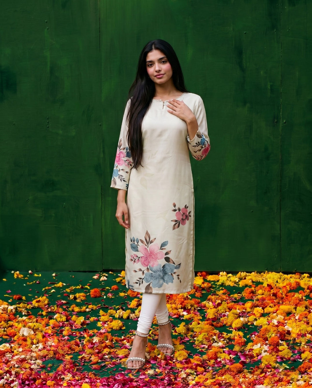 Multi Colour Printed Crepe Silk Straight cut Long Kurta