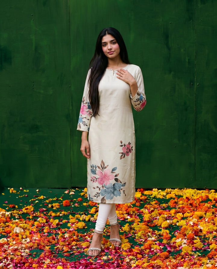 Multi Colour Printed Crepe Silk Straight cut Long Kurta