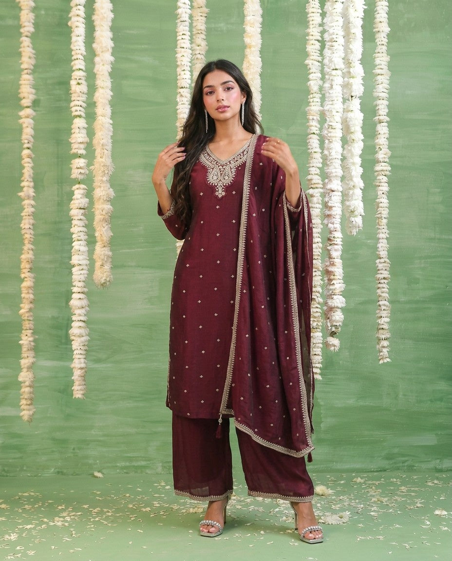 Wine Embriodered Silk Blended Kurta Bottom Dupatta Set