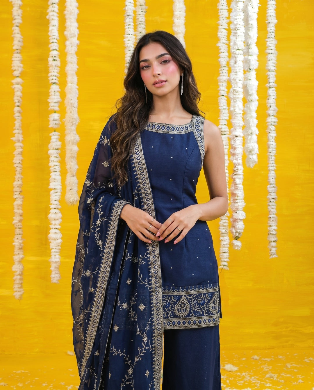 Navy Embriodered Silk Blended Sleeveless Kurta Bottom Dupatta Set