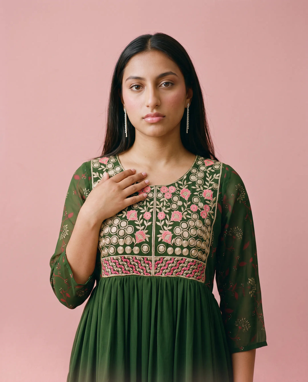 Green Embriodered Georgette Maxi Dress