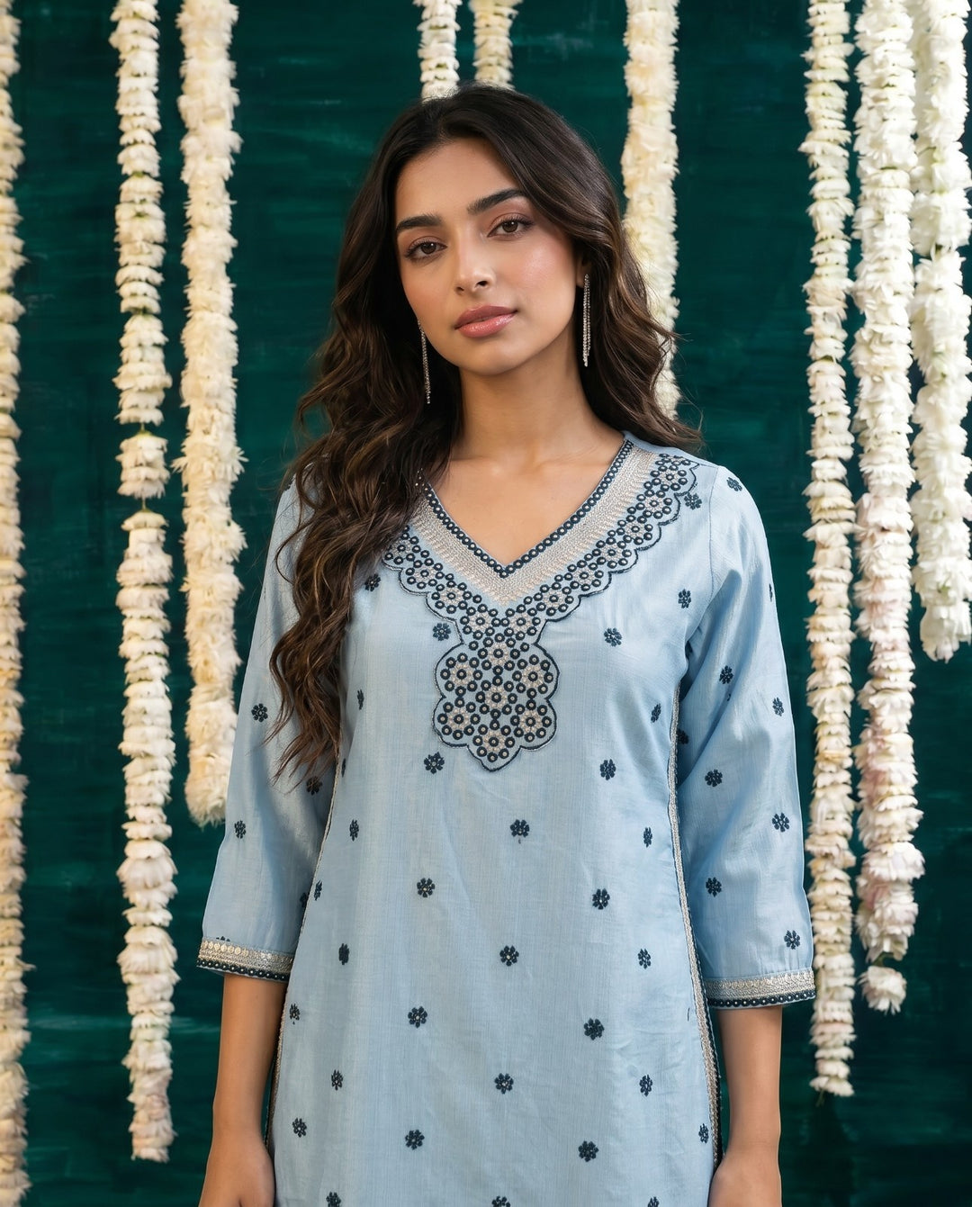 Blue Embroidered Viscose Blended Straight cut Long Kurta