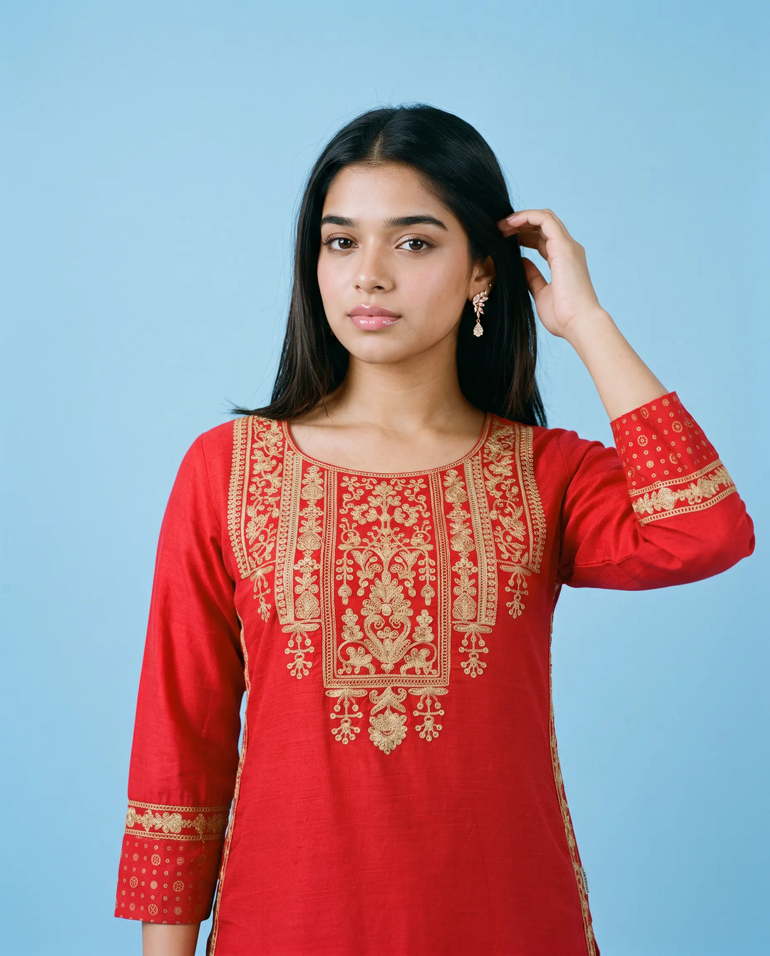 Red Embroidered Viscose Blended Straight cut Long Kurta