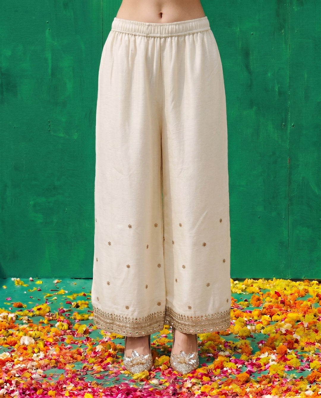 White Embriodered Silk Blended Spaghetti Strap Kurta Bottom Dupatta Set