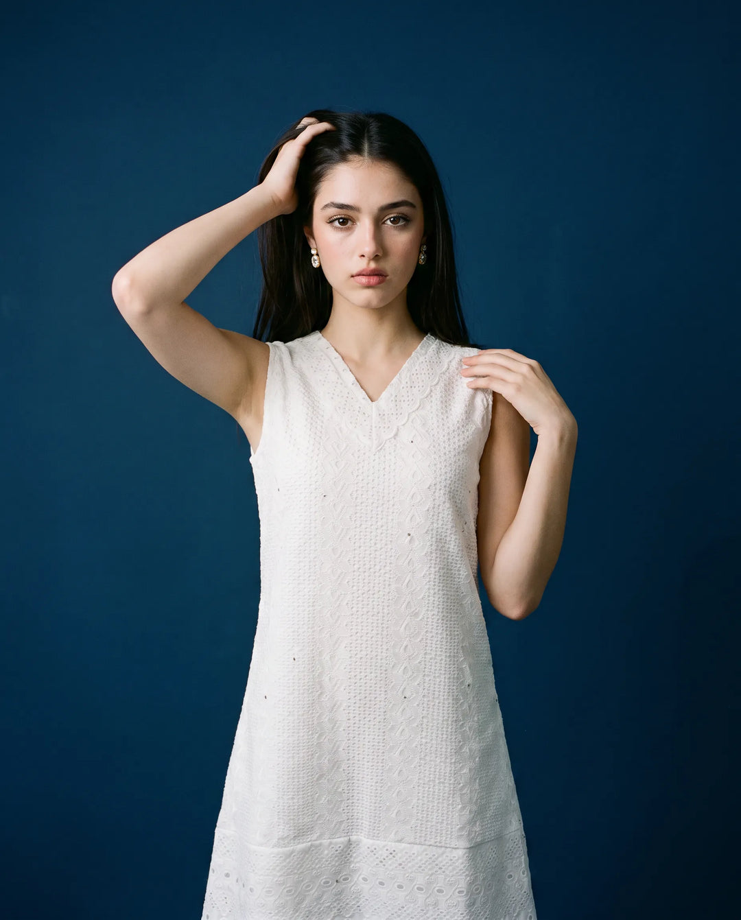 White Embroidered Cotton Midi Dress