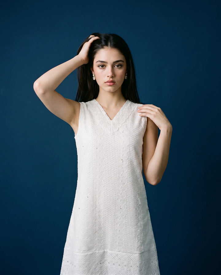 White Embroidered Cotton Midi Dress