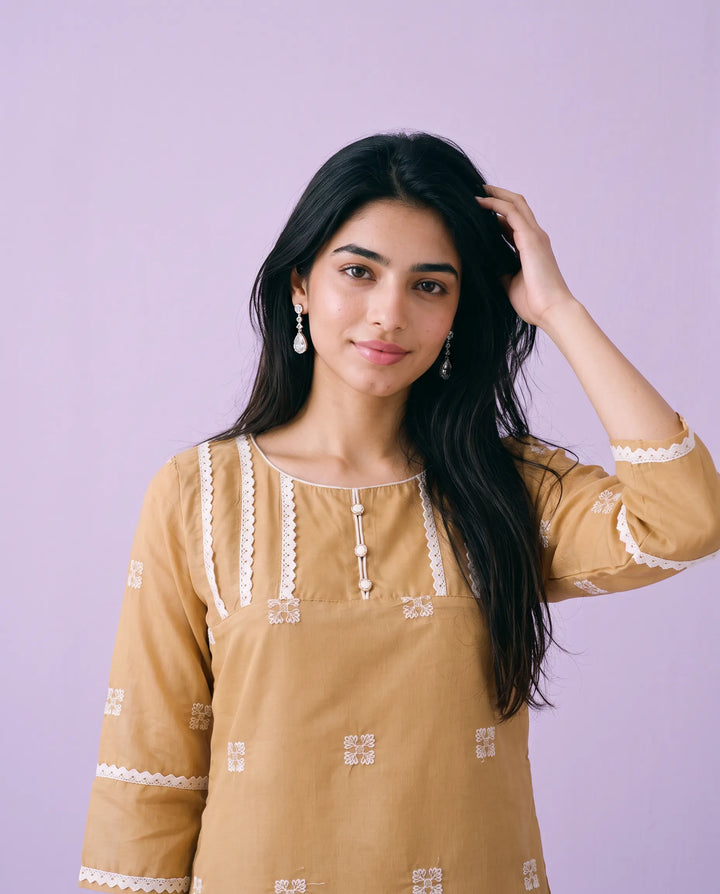 Beige Embroidered Viscose Blended Straight Cut Long Kurta