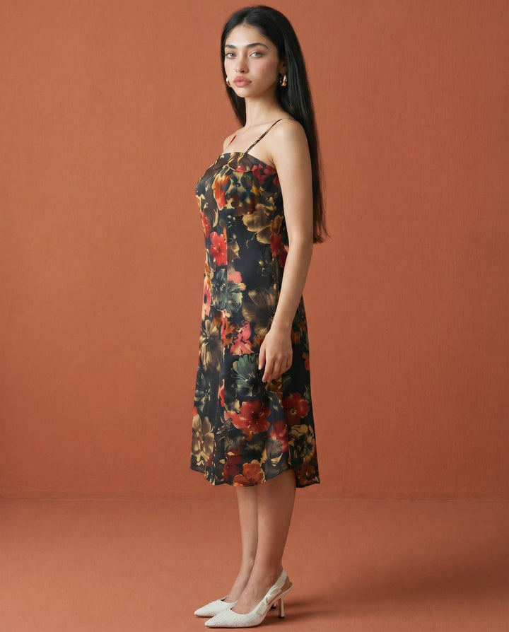 Black Printed Silk Blended Midi Dress