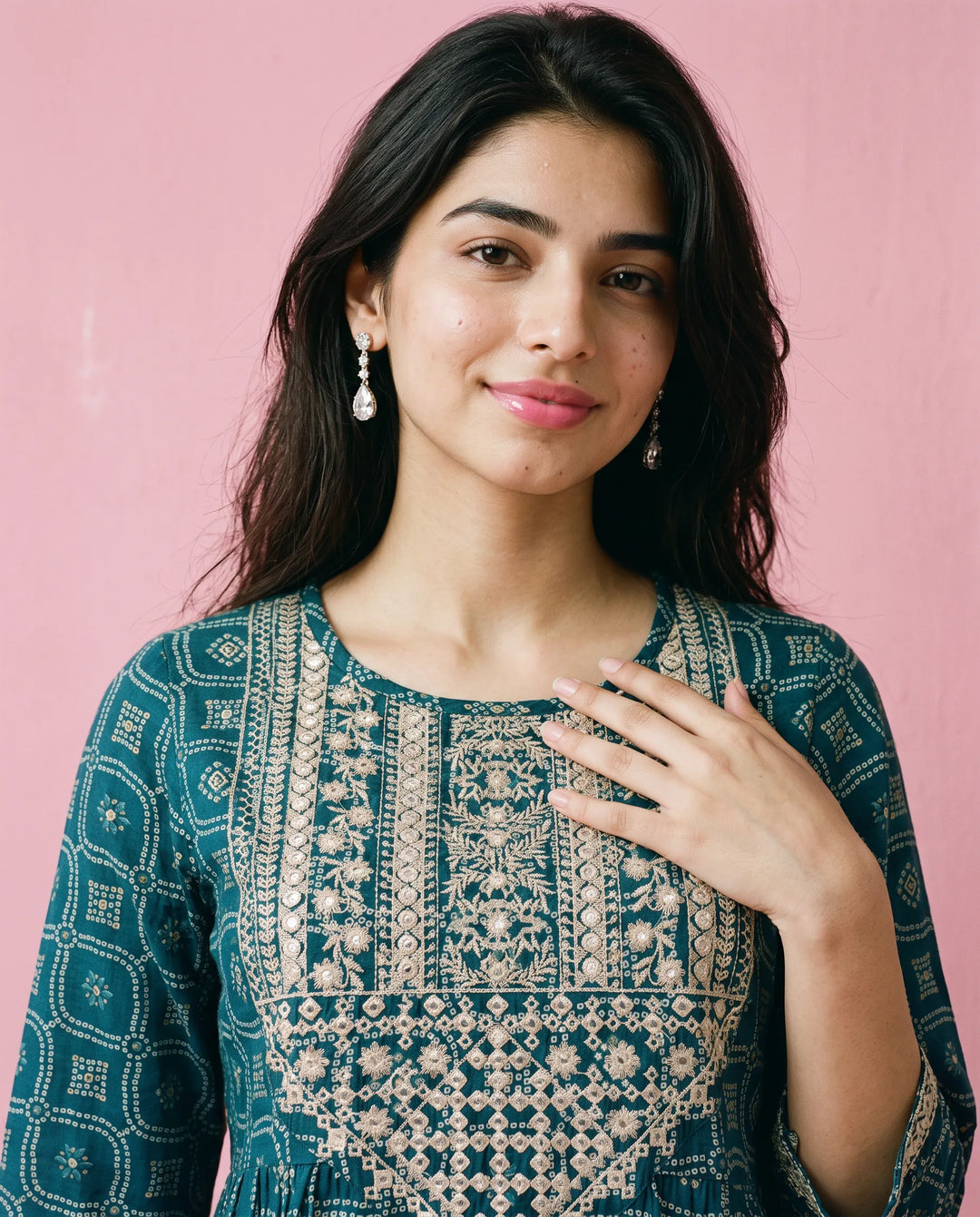 Teal Blue Embroidered Viscose Blended Straight Cut Long Kurta