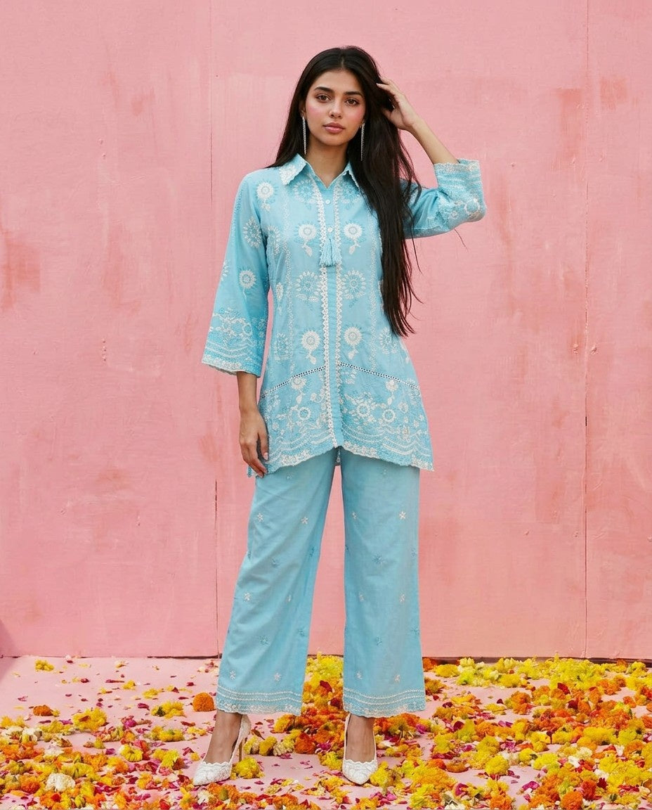 Blue Embroidered Cotton Satin Co-Ord Set