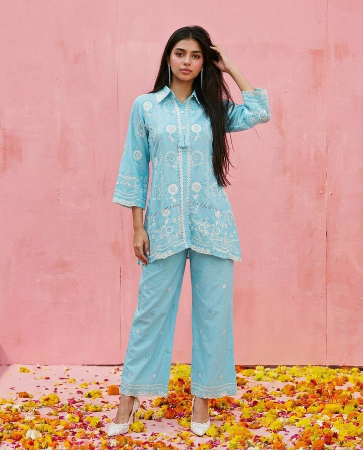 Blue Embroidered Cotton Satin Co-Ord Set