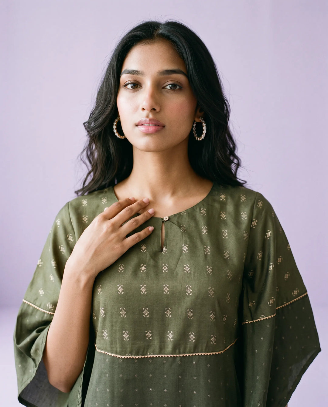 Olive Printed Viscose Blended Kaftan