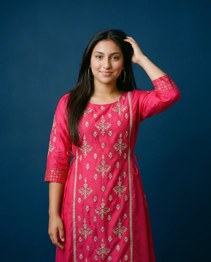Magenta Embriodered Silk Blended Maxi Dress