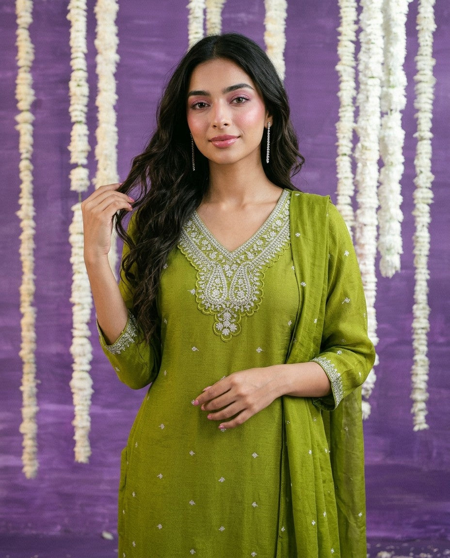 Olive Embriodered Silk Blended Kurta Bottom Dupatta Set