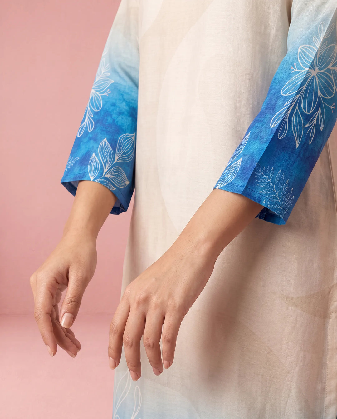Cream and Royal Blue Printed Crepe Silk Straight cut Long Kurta
