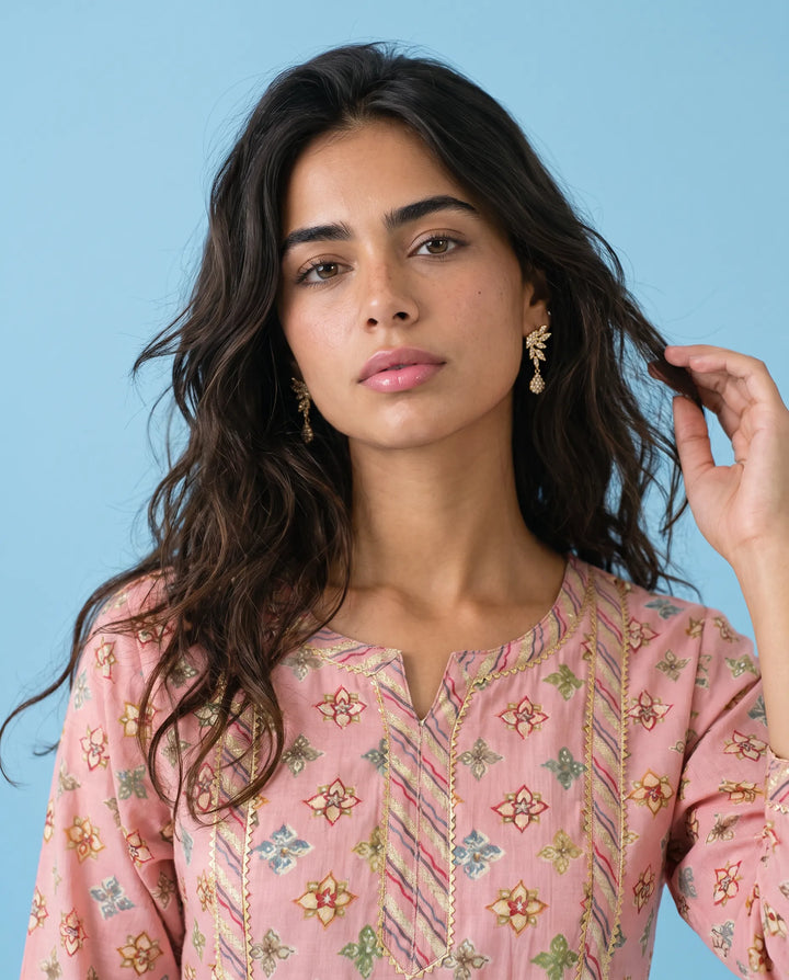 Pink Printed Viscose Blended Straight cut Long Kurta