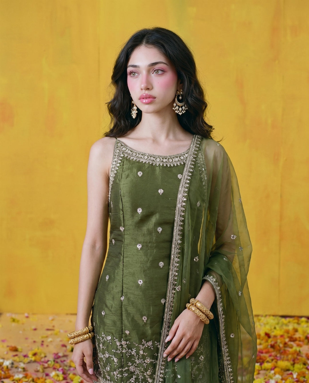 Green Embriodered Silk Blended Spaghetti Strap Kurta Bottom Dupatta Set