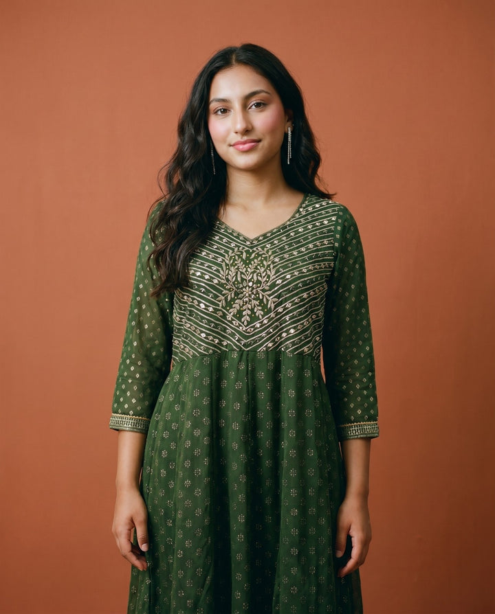 Bottle Green Embriodered Georgette Maxi Dress
