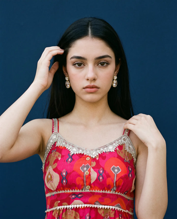 Pink Printed Viscose Blended Spaghetti Strap Straight Cut Long Kurta