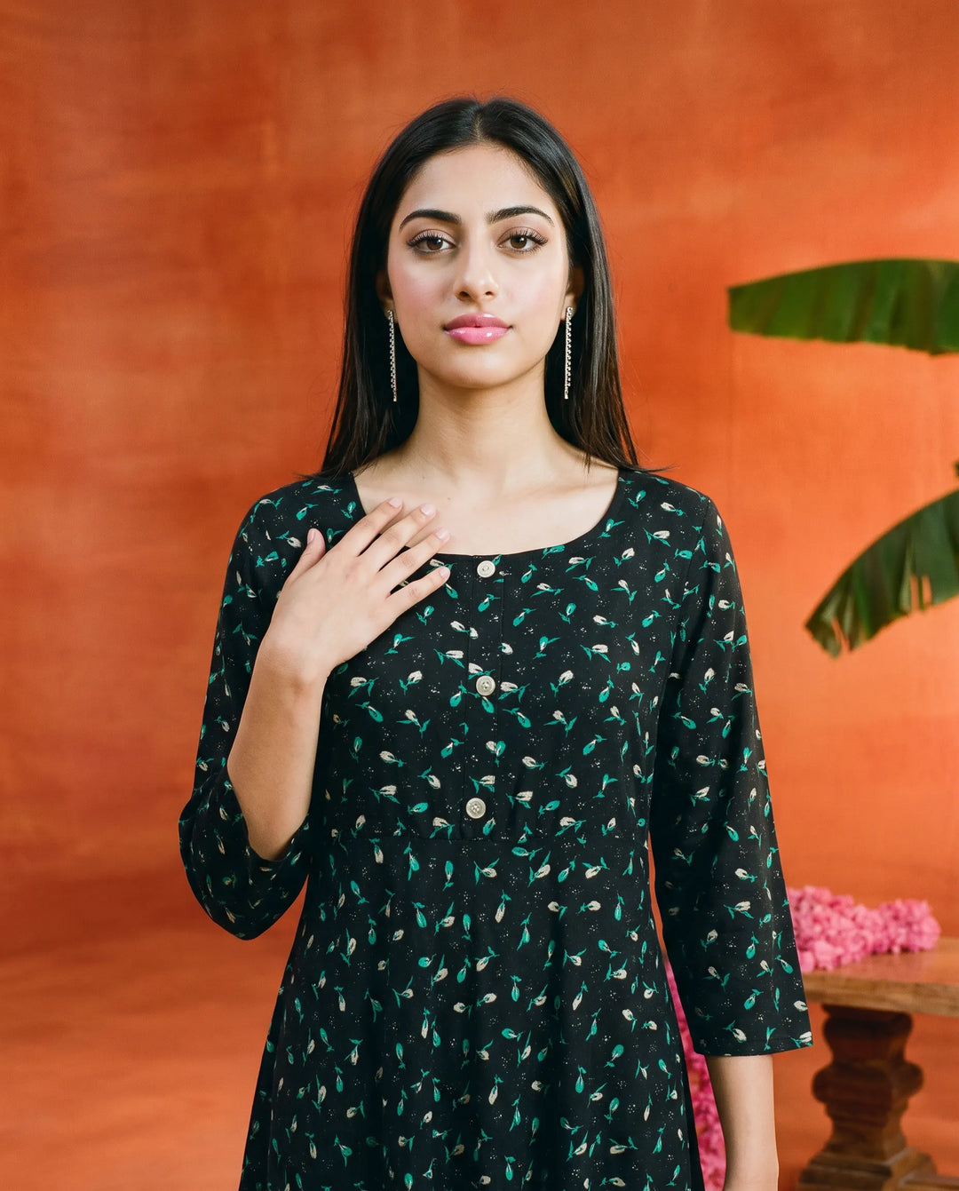 Black Printed Rayon Maxi Dress