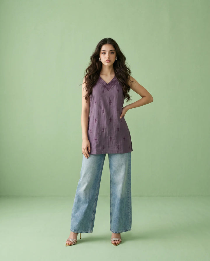 Purple Embroidered Cotton Blended Sleeveless Short Kurti
