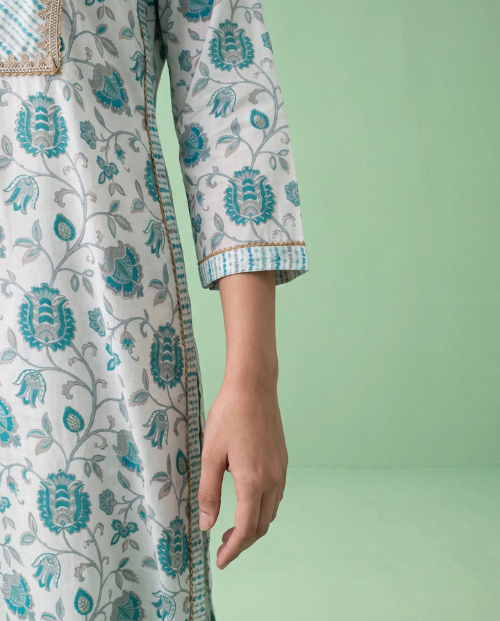 Blue Printed Viscose Blended Straight cut Long Kurta