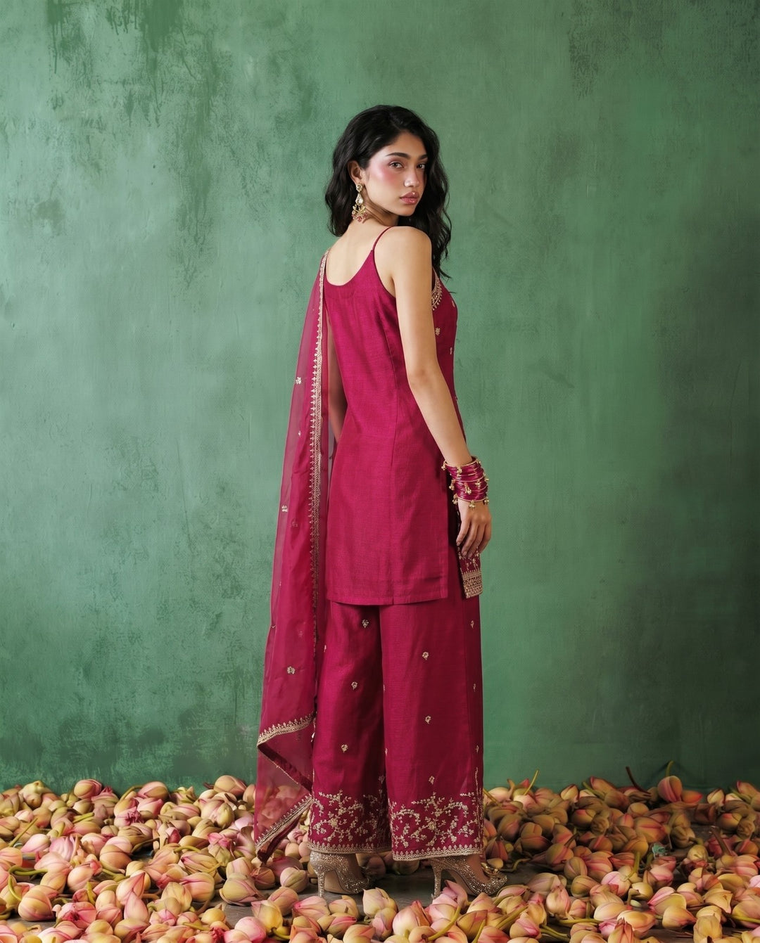 Magenta Embriodered Silk Blended Spaghetti Strap Kurta Bottom Dupatta Set