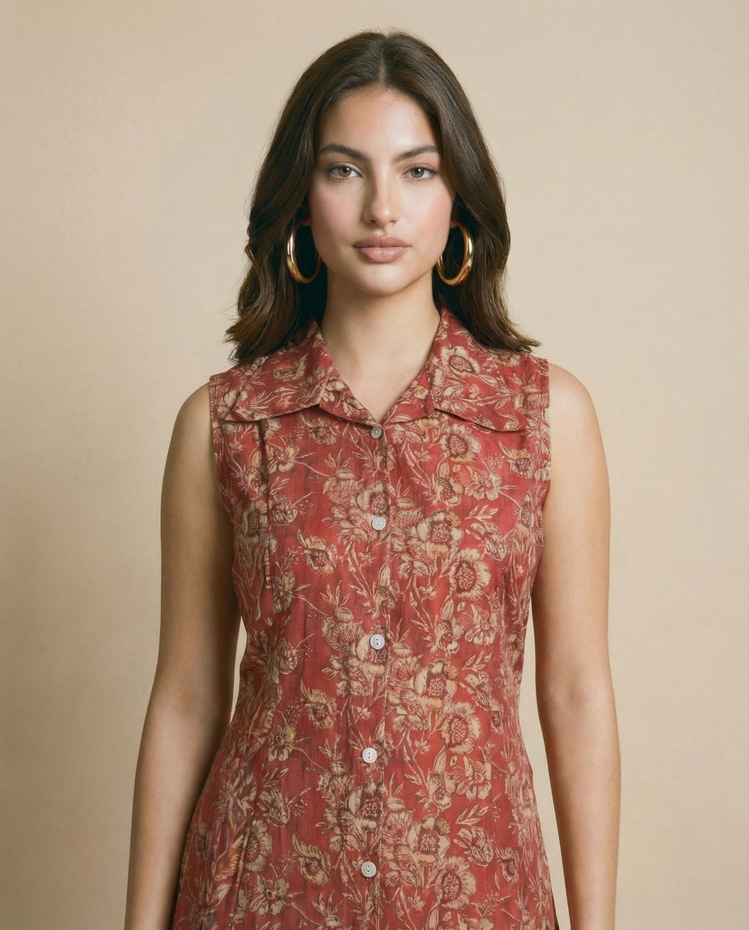 Maroon Printed Viscose Blended Midi Dress