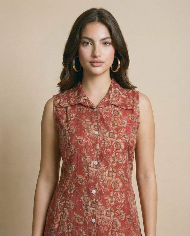 Maroon Printed Viscose Blended Midi Dress