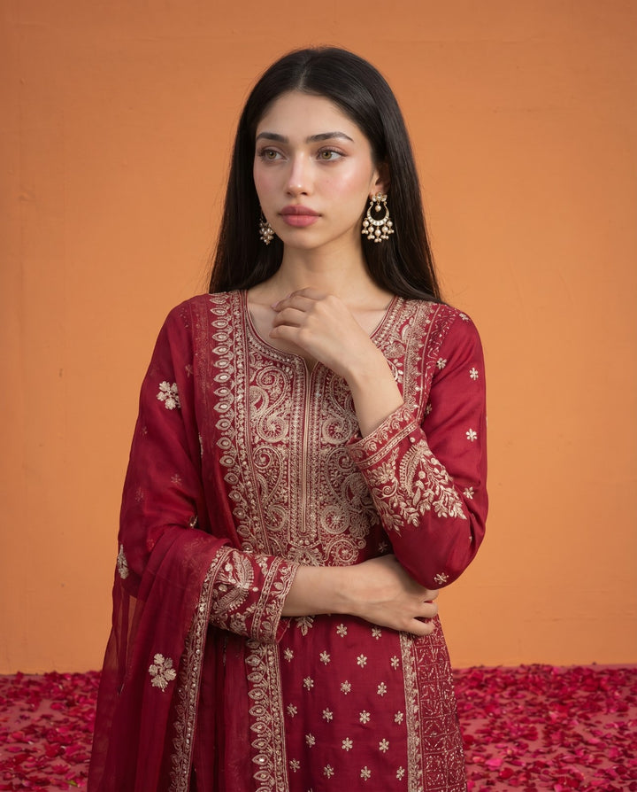 Magenta Embriodered Viscose Blended Kurta Bottom Dupatta Set