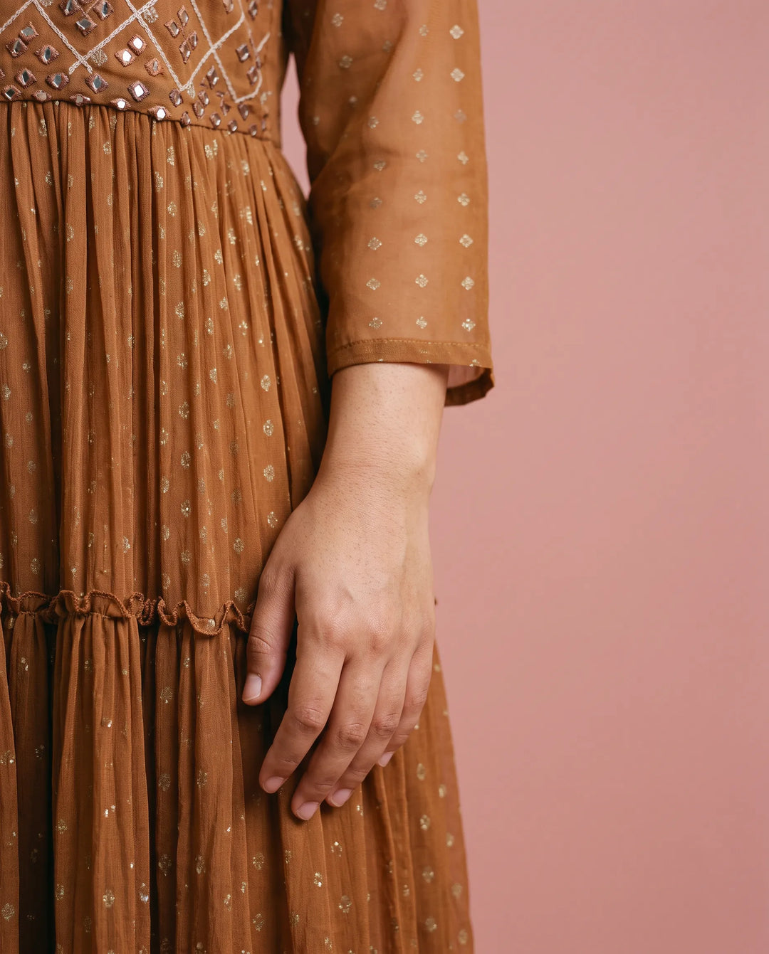 Brown Embriodered Georgette Maxi Dress