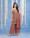 Pink Embroidered Silk Blended Spaghetti Strap Kurta Bottom Dupatta Set