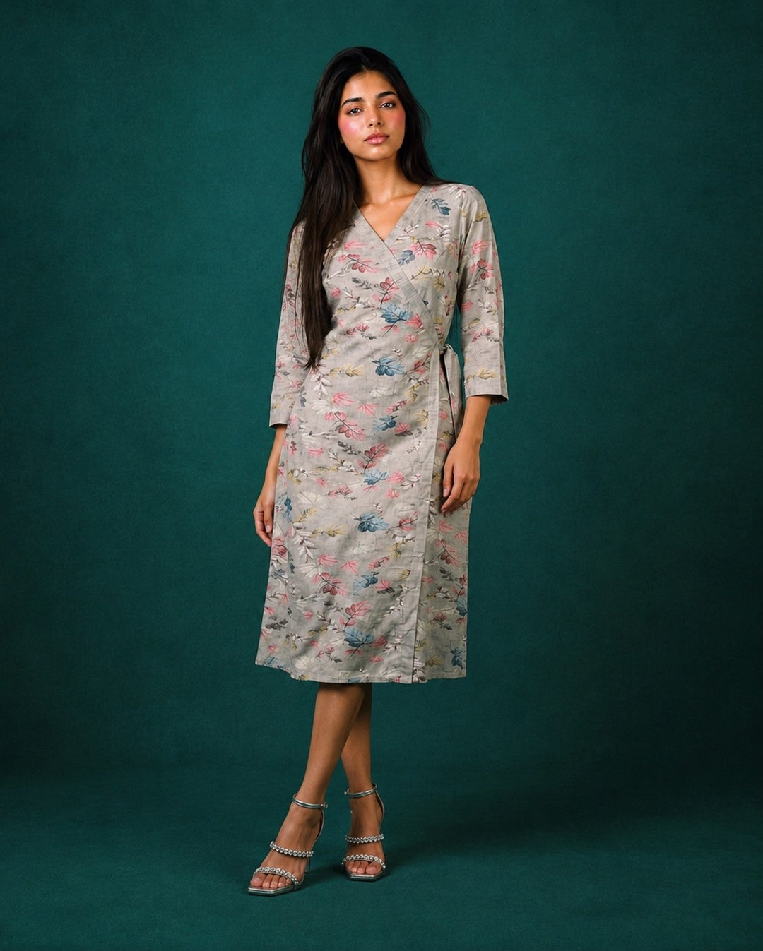 Grey Printed Viscose Blended Midi Dress