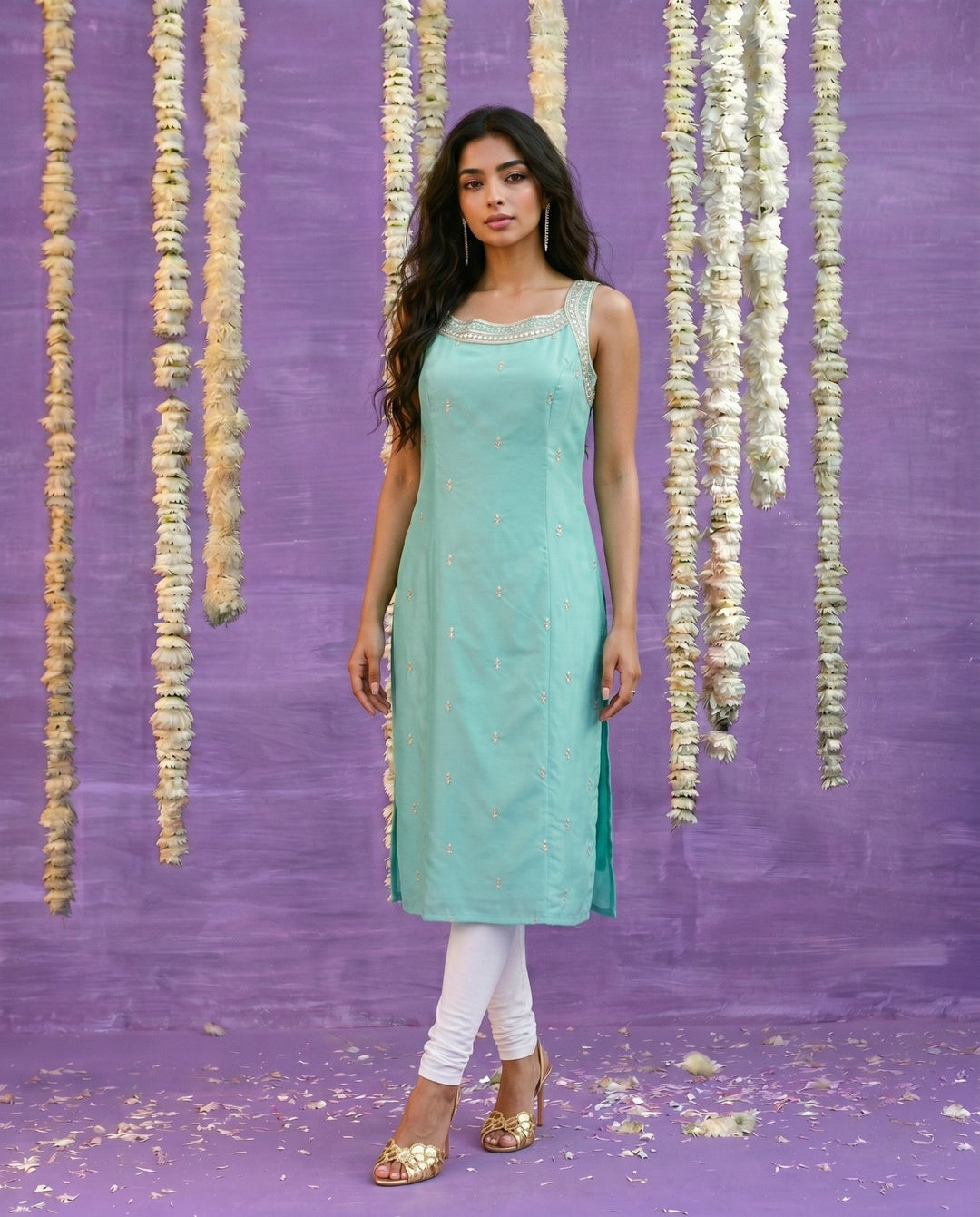 Turquoise Embroidered Viscose Blended Sleeveless Straight cut Long Kurta