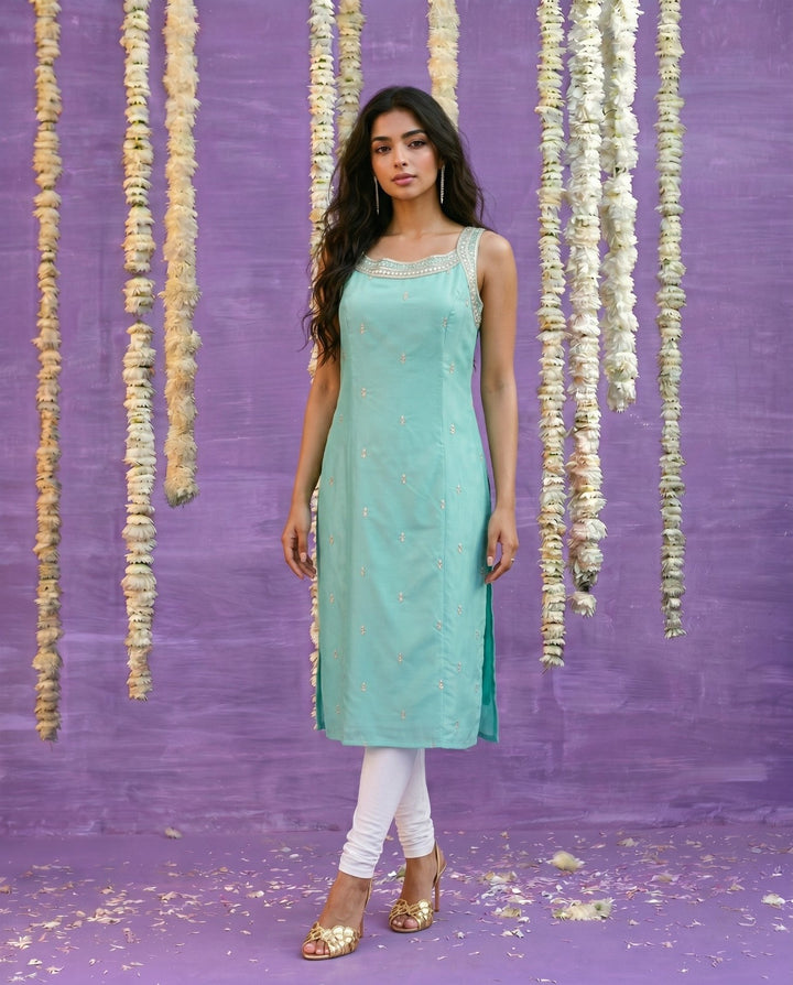 Turquoise Embroidered Viscose Blended Sleeveless Straight cut Long Kurta