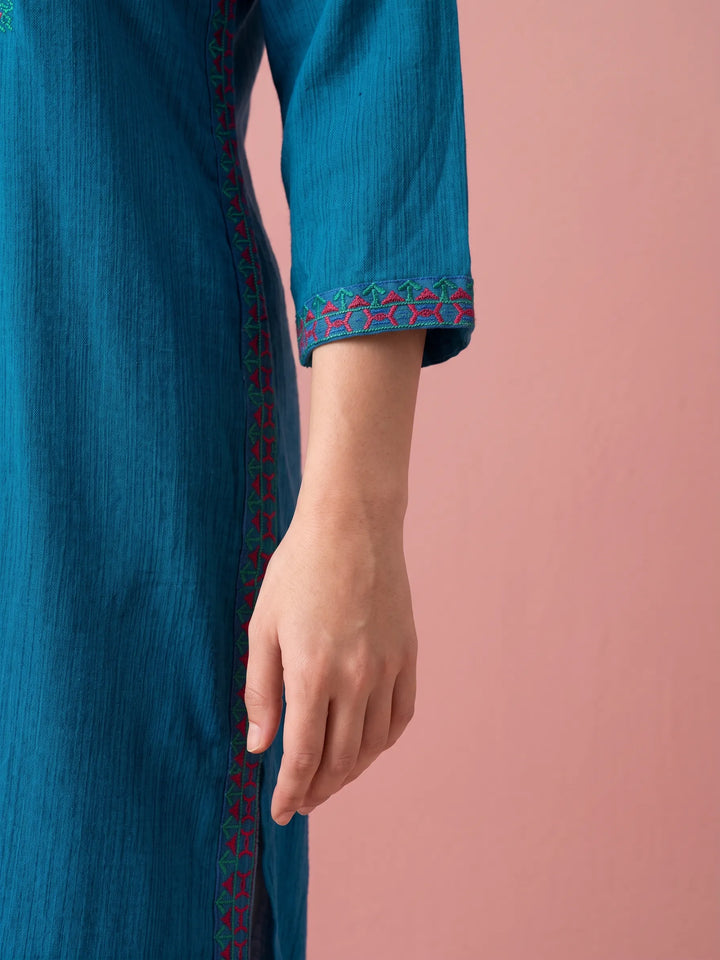 Navy Embroidered Cotton Straight cut Long Kurta