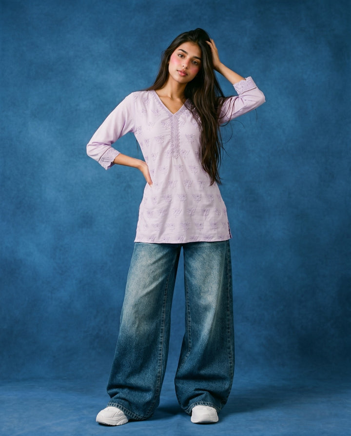 Lavender Embriodered Cotton Short Kurti