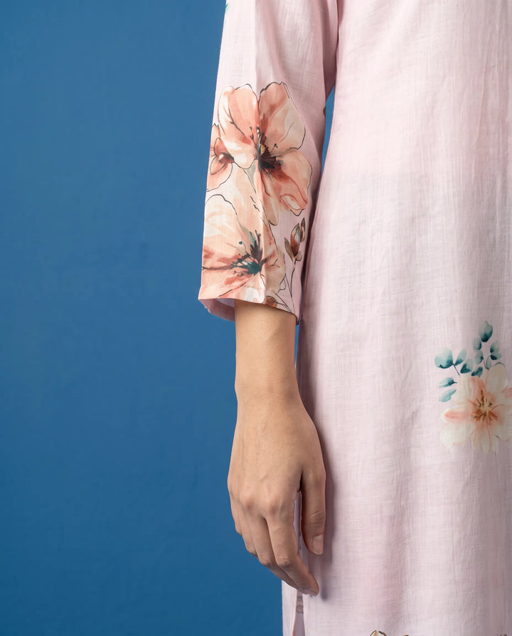 Pink Printed Crepe Silk Straight cut Long Kurta