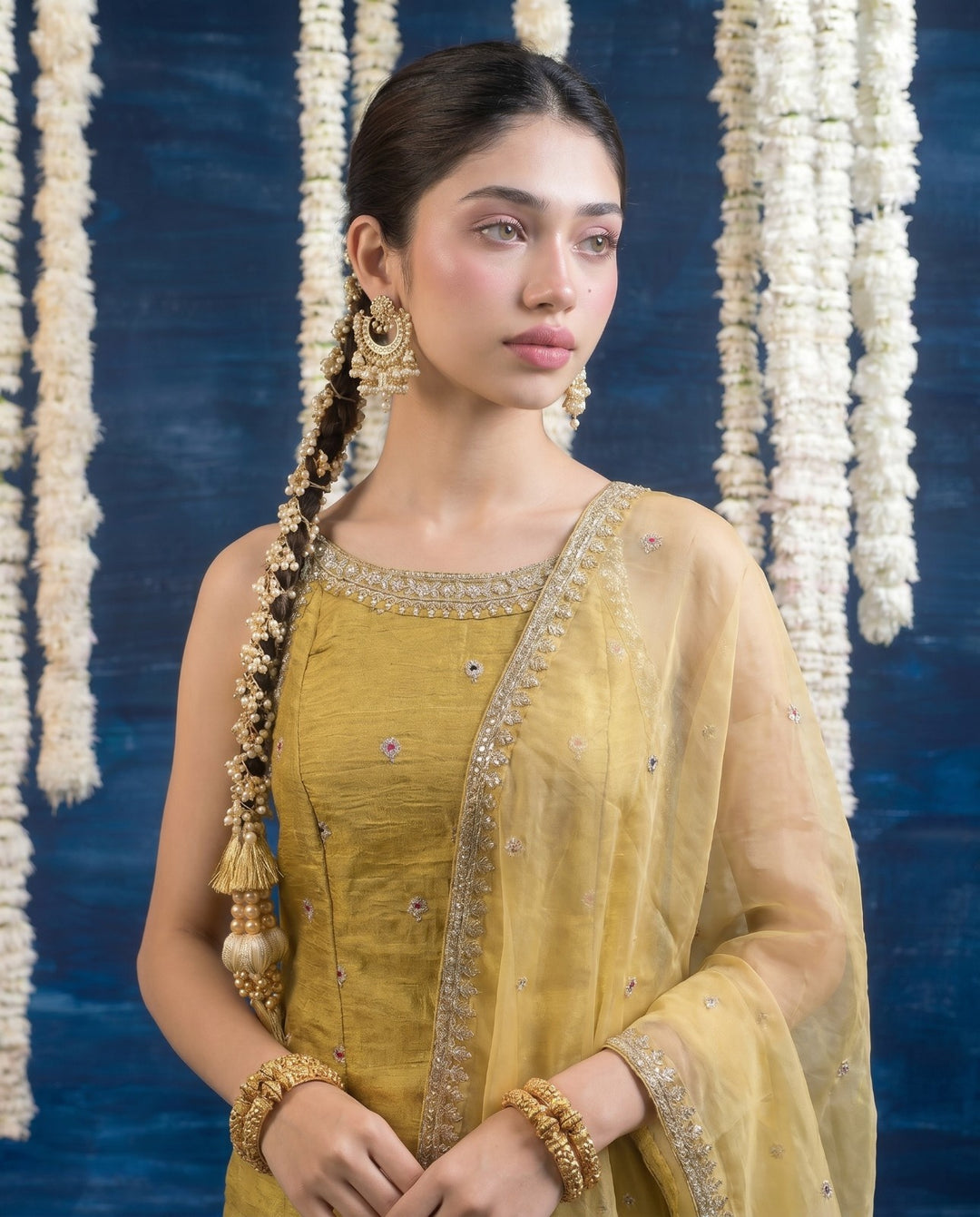 Yellow Embriodered Silk Blended Spaghetti Strap Kurta Bottom Dupatta Set