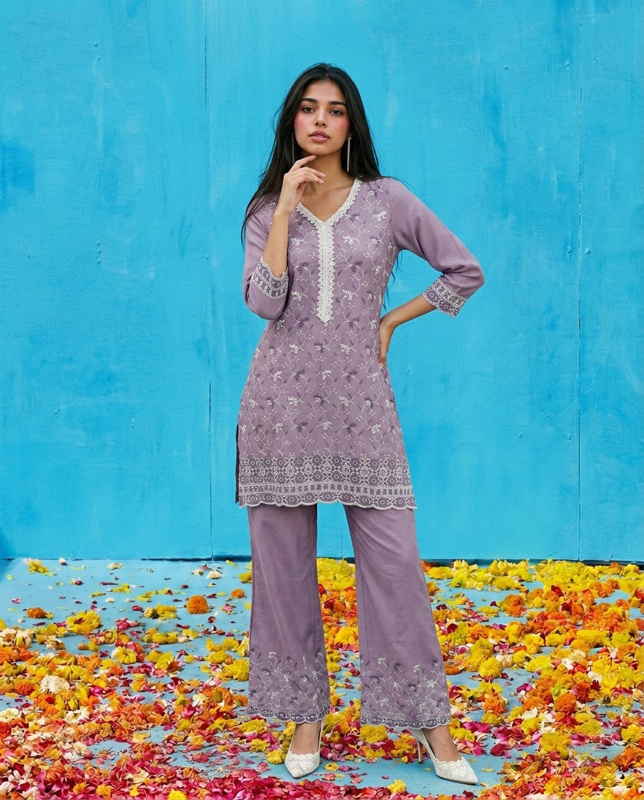 Purple Embriodered Cotton Satin Co-Ord Set