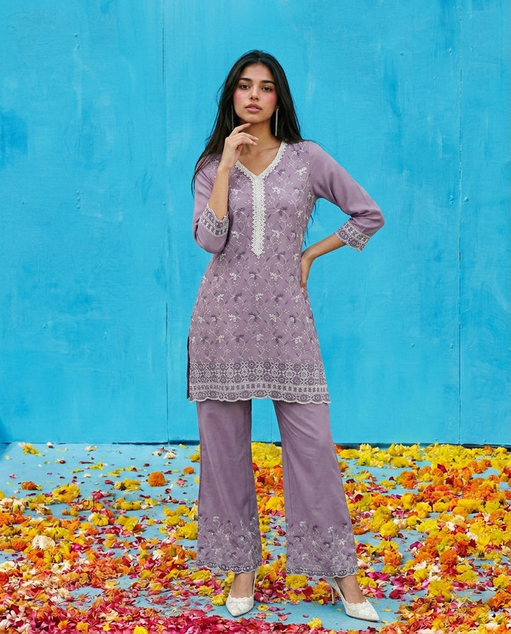 Purple Embriodered Cotton Satin Co-Ord Set