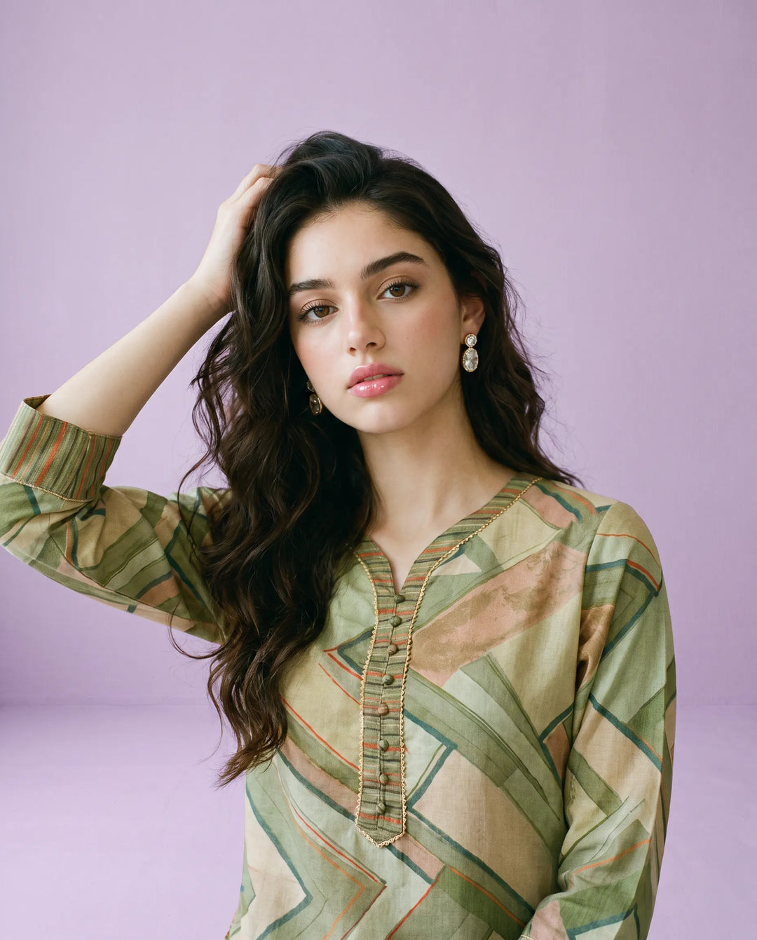 Olive Printed Cotton Blended Short Kurti