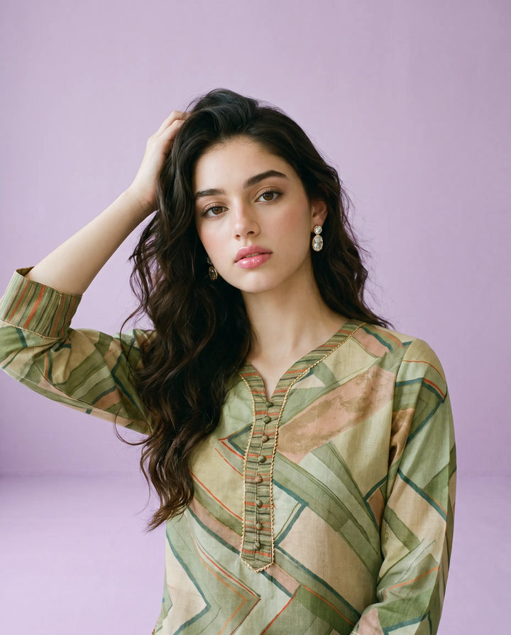 Olive Printed Cotton Blended Short Kurti