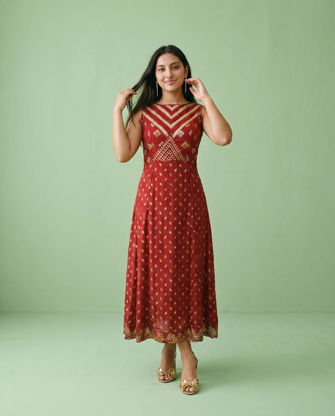 Maroon Printed Rayon Sleeveless Maxi Dress