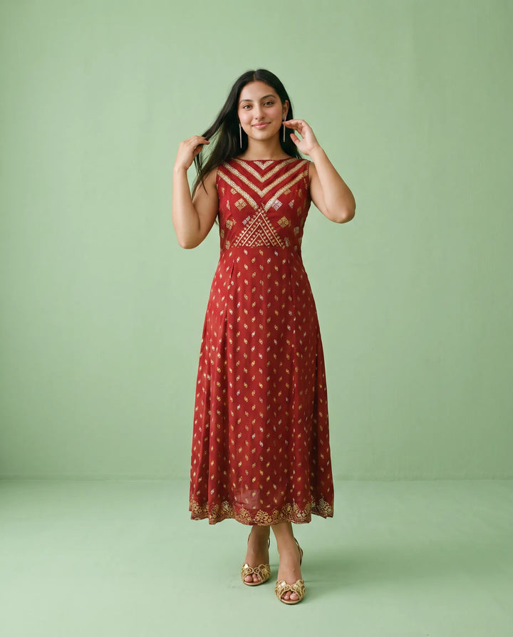 Maroon Printed Rayon Sleeveless Maxi Dress