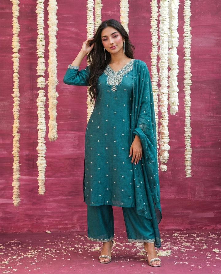 Bottle Green Embriodered Silk Blended Kurta Bottom Dupatta Set