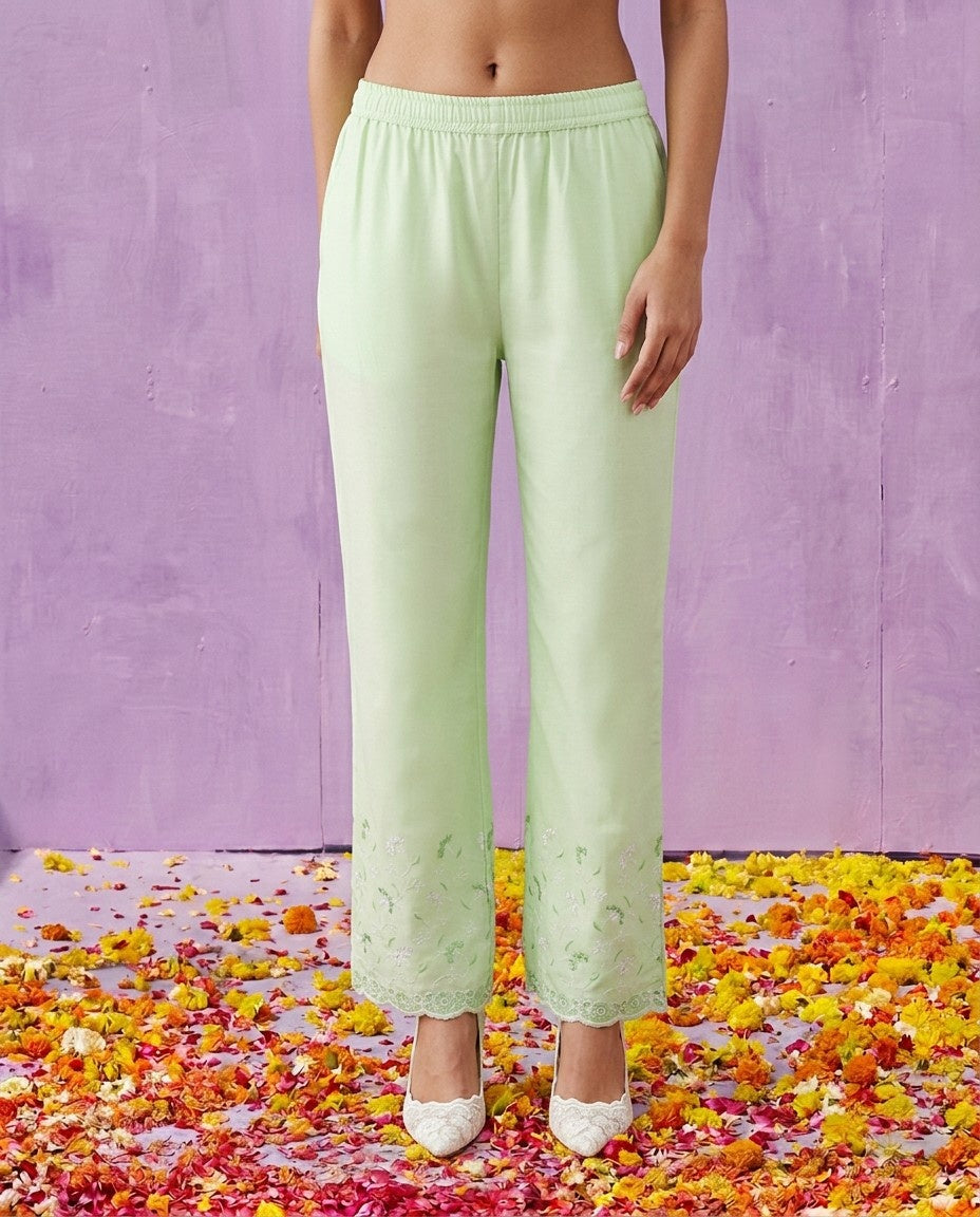 Lime Green Embriodered Cotton Satin Co-Ord Set