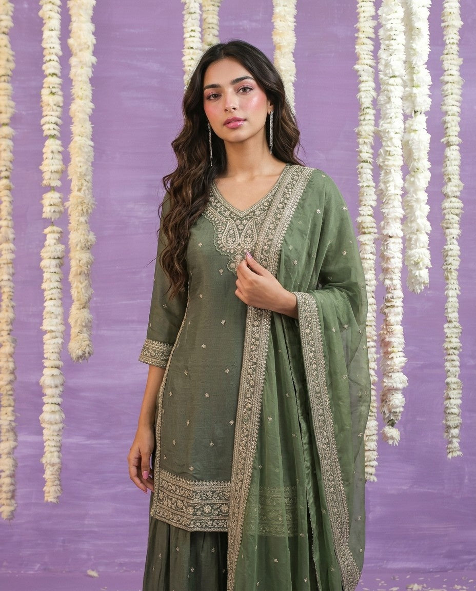 Olive Embriodered Silk Blended Kurta Bottom Dupatta Set